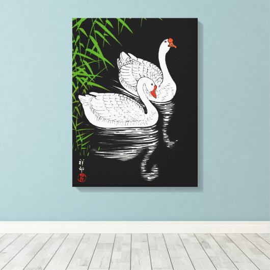 Zwei Swans auf einem Pool - Weiß auf schwarzem Hin Leinwanddruck (Insitu (Holzboden))