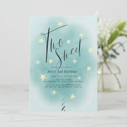Zwei Sweet Aquamarin Cotton Candy Boy 2. Geburtsta Einladung (Stehend Vorderseite)