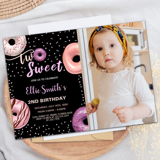 Zwei Sweet Black Pink Foto Donut Birthday Einladung