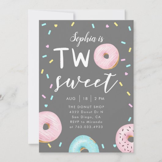 Zwei Sweet Donut Thema Geburtstagsparty Einladung (Vorderseite)