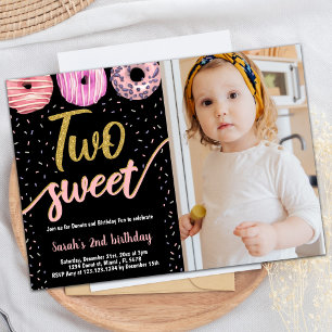 Zwei Sweet Gold Black Foto Donut Birthday Einladung