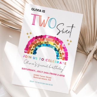 ZWEI Sweet niedlich funkelnd Rainbow 2. Geburtstag Einladung