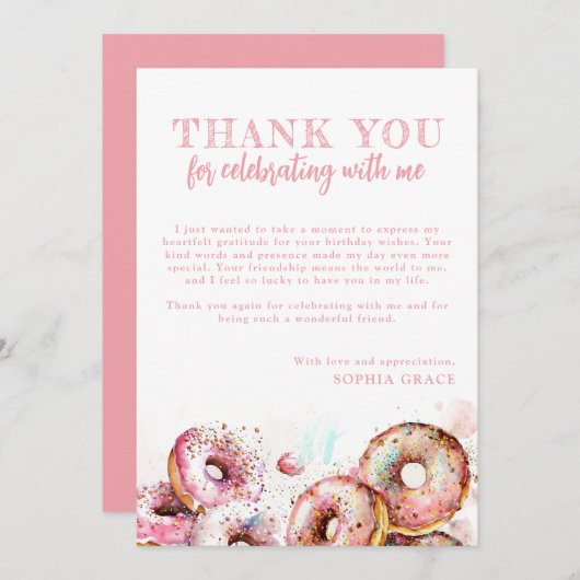 Zwei Sweet Pink Donut Girl 2. Geburtstag Dankeskarte (Vorne/Hinten)