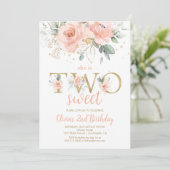 ZWEI Sweush Blush Pink Blütengolden Zweiten Geburt Einladung (Stehend Vorderseite)