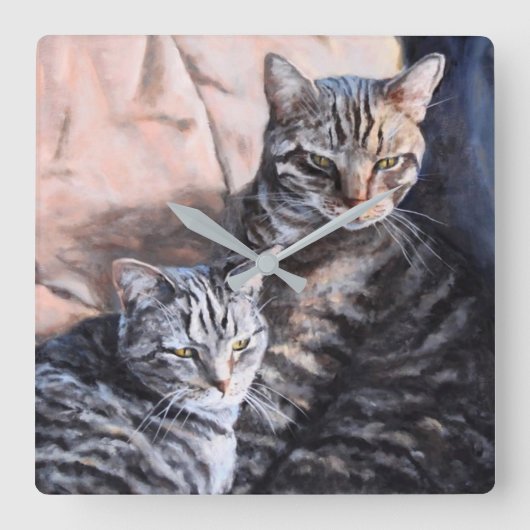 Zwei Tabby-Katzen-Kunst-Wanduhr Quadratische Wanduhr (Vorderseite)