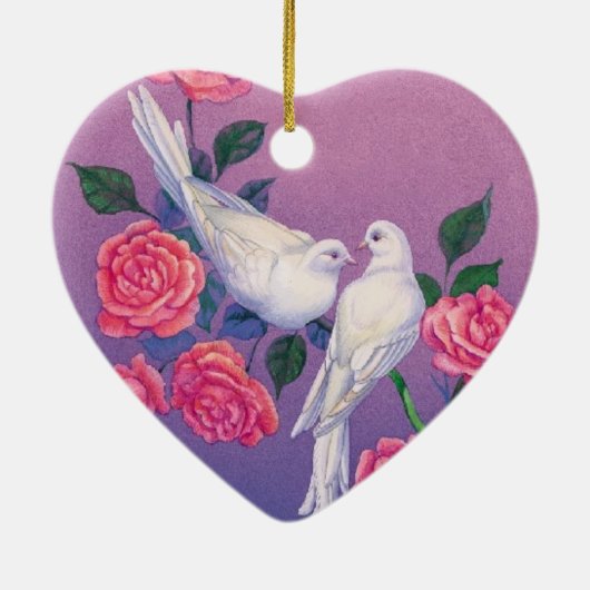 Zwei Tauben und Blumen auf einem Herzen Keramikornament (Hinten)