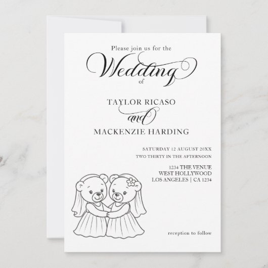 Zwei Teddy-Bärenbriden in Hochzeitskleider Einladung (Vorderseite)