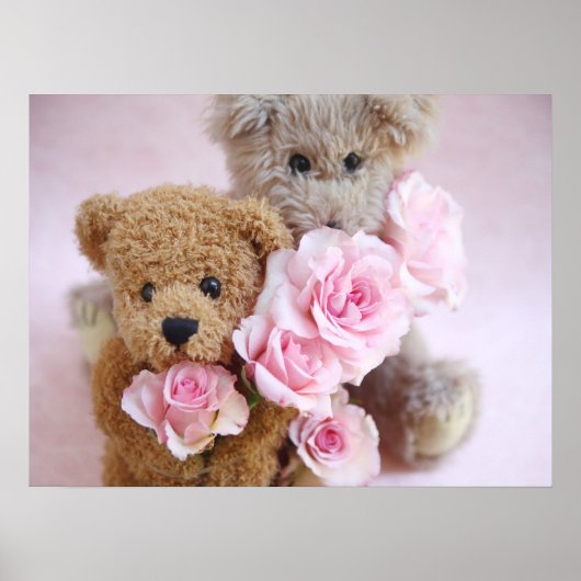 zwei Teddybären mit Rose-Plakat Poster (Vorne)