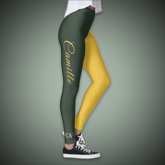 Zwei Tone Gold & Forest Green Monogram Leggings