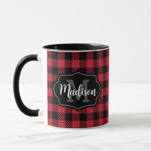 Zwei Tone Red Black Buffalo Kariert Monogram Tasse (Links)