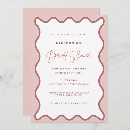 Zwei tone rosa Wavy Border Bridal Dusche Einladung (Vorne/Hinten)