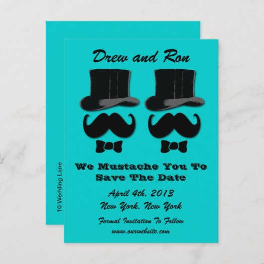 Zwei Top Hits mit Mustache Save the Date Card Ankündigungspostkarte (Vorne/Hinten)