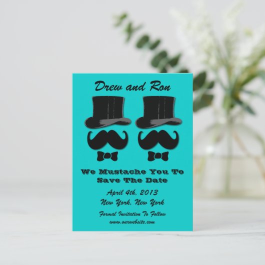 Zwei Top Hits mit Mustache Save the Date Card Ankündigungspostkarte (Stehend Vorderseite)