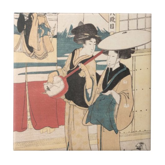 Zwei Tori-oi oder reisende Frauen-Musiker Japan Fliese (Vorderseite)