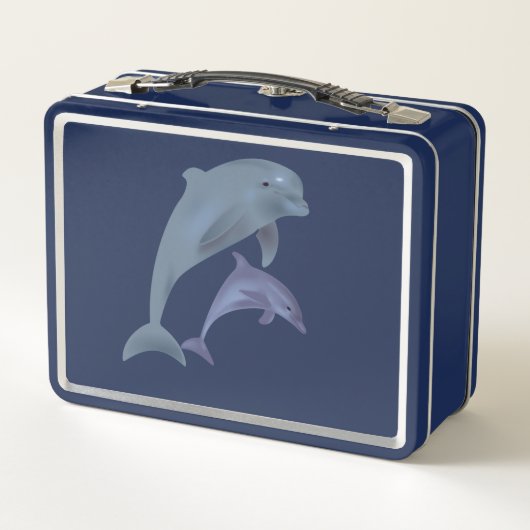 Zwei tropische Delphine springen nebeneinander Metall Lunch Box (Rückseite)