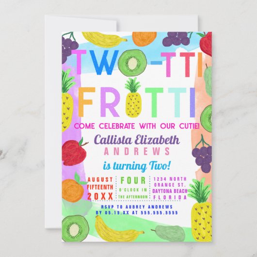 Zwei tti Frutti farbenfroh gestrichenes Obst 2. Ge Einladung (Vorderseite)