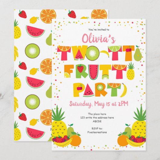 Zwei tti Frutti, Tropical, Frucht, Mädchen 2. Gebu Einladung (Vorne/Hinten)