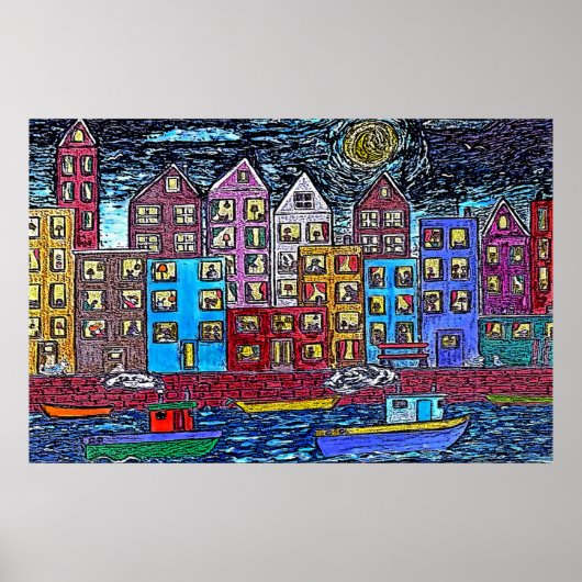 Zwei Tugboote nachts Poster (Vorne)