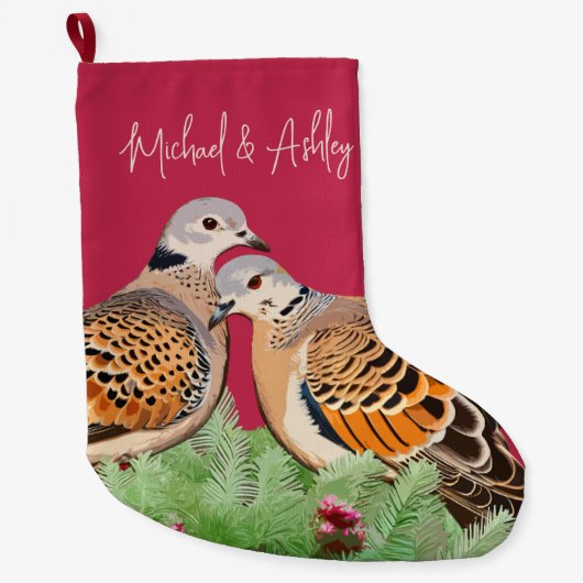 Zwei Turtle Docks Red Holiday Bird Couple in Liebe Großer Weihnachtsstrumpf (Vorderseite)