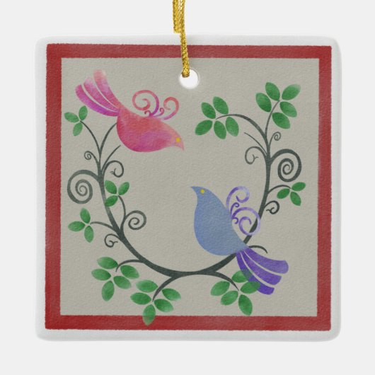 Zwei Turtle Doves Square Weihnachtsdekoration Keramikornament (Vorderseite)
