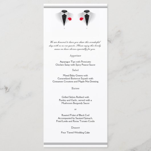 Zwei Tuxedos auf der White Gay Wedding Menu Menükarte (Vorderseite)