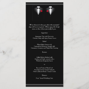 Zwei Tuxedos mit Rote Rose Gay Wedding Menu Menükarte