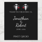 Zwei Tuxedos mit Rote Rose Gay Wedding Wine Label Weinetikett (Einzelnes Label)