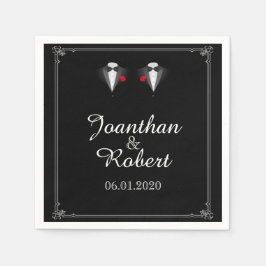 Zwei Tuxedos mit Rote Rose Gay Wedkin Napkin Serviette