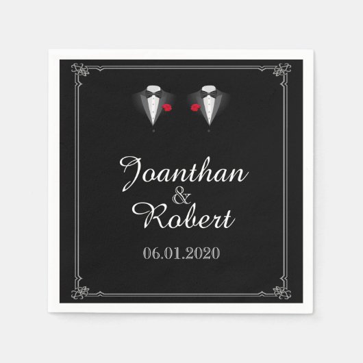 Zwei Tuxedos mit Rote Rose Gay Wedkin Napkin Serviette (Vorderseite)