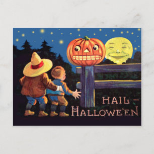 Zwei verängstigte Kinder in der Halloween-Nacht Postkarte