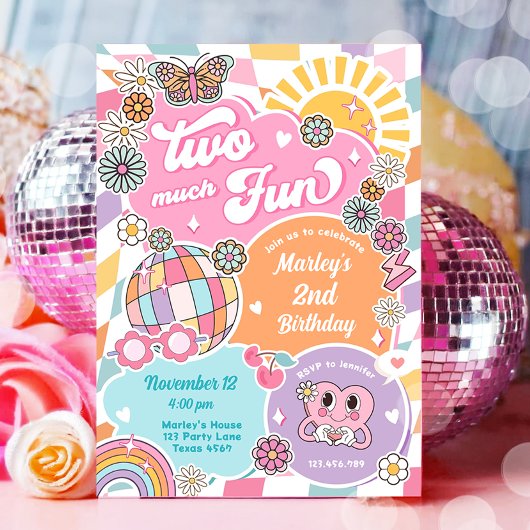 Zwei viel Spaß Groovy Retro Preppy Varsity Geburts Einladung