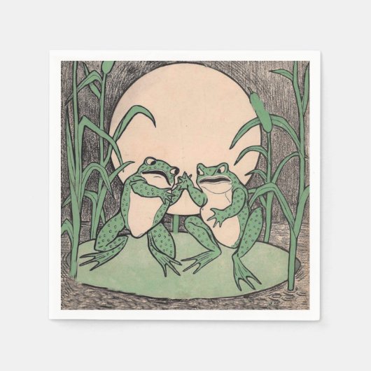 Zwei Vintage Funny Liebe Green Frogs Moon Serviette (Vorderseite)