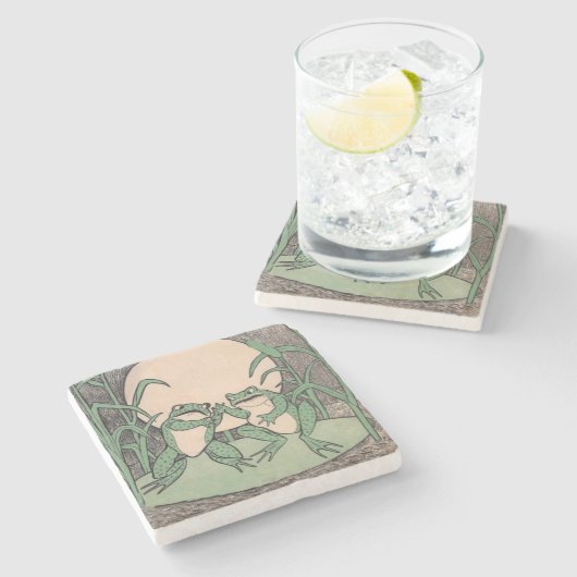 Zwei Vintage Funny Liebe Green Frogs Moon Steinuntersetzer (Seitenansicht)