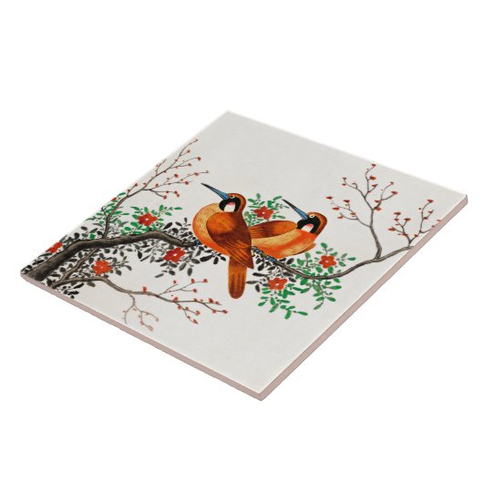 Zwei Vögel auf einem blühenden Zweig Fliese (Seite)