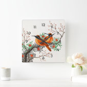 Zwei Vögel auf einem blühenden Zweig Quadratische Wanduhr (Zuhause)
