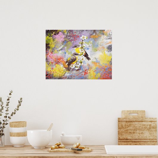 Zwei Vögel auf Kirschblütenzweig Poster (Küche)