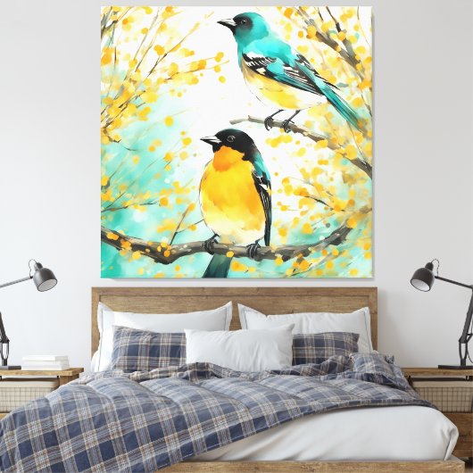 Zwei Vögel, die auf der Baumzweigung sitzen Leinwanddruck (Insitu (Schlafzimmer))