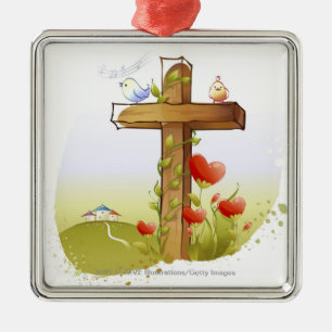 Zwei Vögel, die auf einem Kreuz hocken Silbernes Ornament