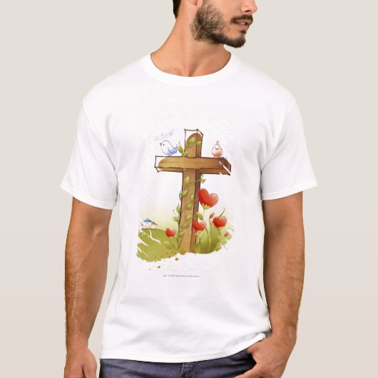 Zwei Vögel, die auf einem Kreuz hocken T-Shirt (Vorderseite)