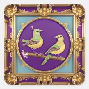 Zwei Vögel in aufwendigem Goldrahmen Quadratischer Aufkleber
