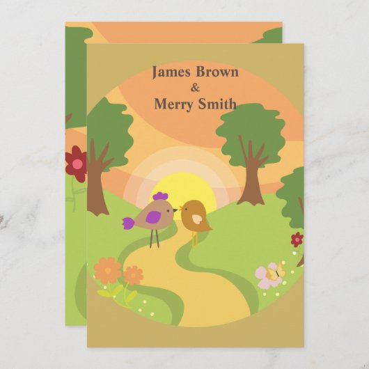 Zwei Vögel in der Liebe Reise Sonnenuntergang Blum Einladung (Vorne/Hinten)