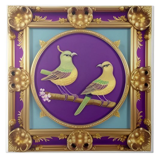 Zwei Vögel in Verziertem Goldrahmen Fliese (Vorderseite)