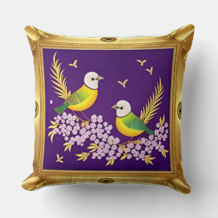 Zwei Vögel in Verziertem Goldrahmen Kissen