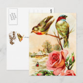 Zwei Vögel und Rose Postkarte (Vorne/Hinten)