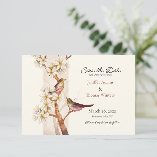 Zwei Vogelkarten Save the Date (Stehend Vorderseite)