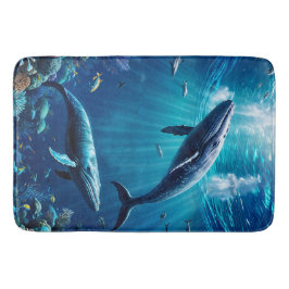 Zwei Wale schwimmen zwischen tropischen Fischen Badematte