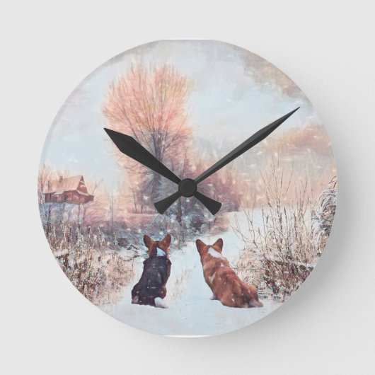 Zwei walisische Corgis First Snow Runde Wanduhr (Vorderseite)