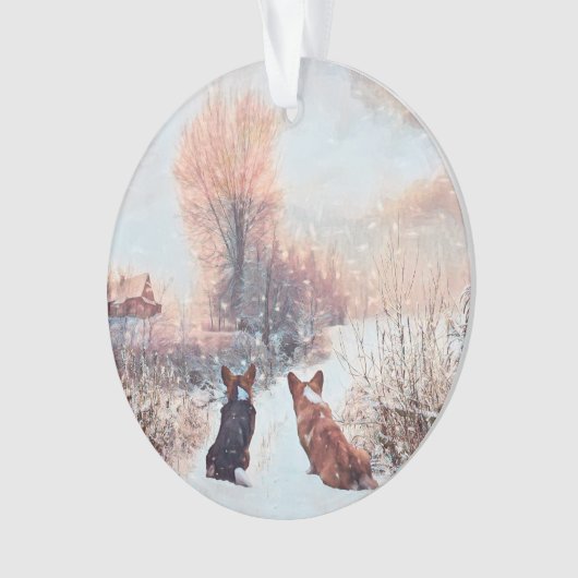 Zwei walisische Corgis im Schnee Ornament (Vorderseite)