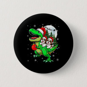 Zwei Weihnachten Shih Tzus Riding T-rex Rentier Lo Button