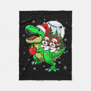 Zwei Weihnachten Shih Tzus Riding T-rex Rentier Lo Fleecedecke